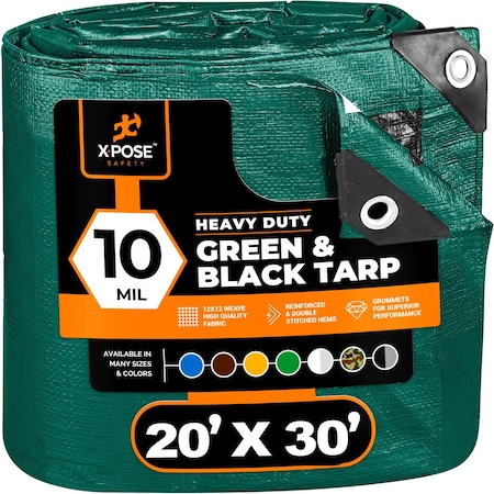 XPOSE SAFETY Heavy Duty Poly Tarp 20' x 30' -10 Mil Waterproof Green and Black - Grommets Reinforced Edges MTGB-2030-X